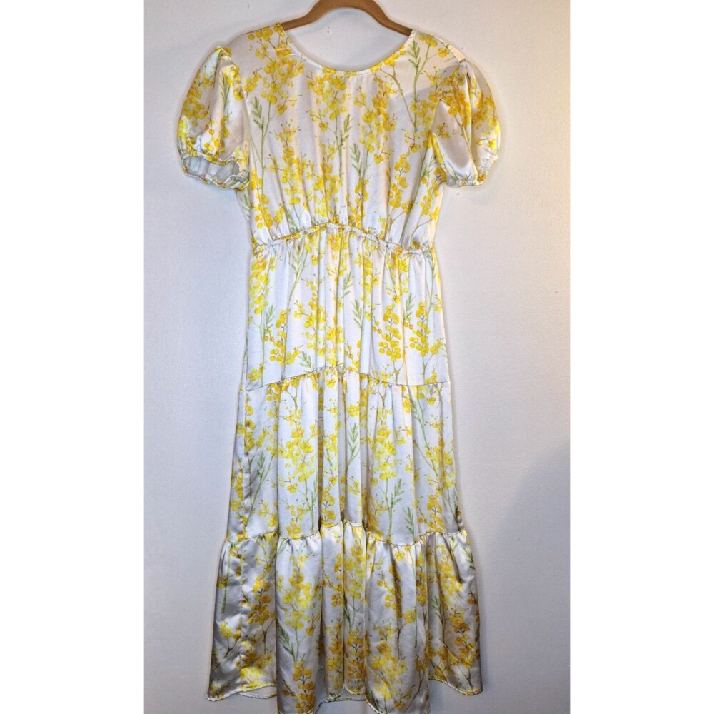 Women's Satin Yellow Floral Puff Sleeve Midi Dress Sz M Cottage Core Bohemian